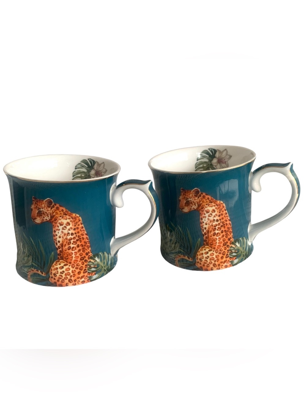 Set Of 2 Mugs Grace Teaware Tropical Leopard 15oz Fine Porcelain Coffee Tea